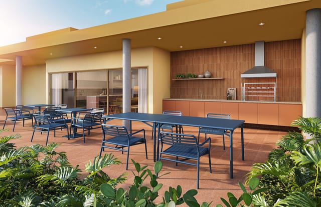 Espaço gourmet com churrasqueira do Erê Residencial, no Santo Cristo