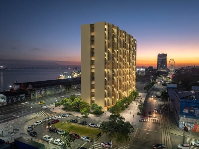 O empreendimento visto do alto ao anoitecer do Erê Residencial, no Santo Cristo