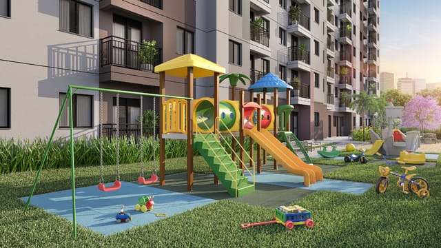 Playground com balanços, escorregadores e piso emborrachado do Residencial Dona Ivone Lara, no Santo Cristo