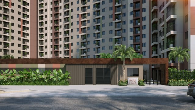 Portaria com paisagismo e a placa com o nome do condomínio do Residencial Dona Ivone Lara, no Santo Cristo