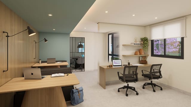 Coworking com mesas de trabalho, cadeiras ergonômicas e luminárias do Residencial Dona Ivone Lara, no Santo Cristo