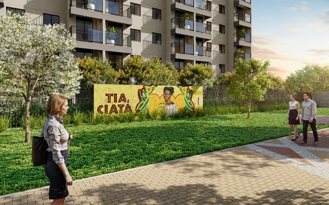 Alameda arborizada do condomínio do Ciata Residencial, no Porto Maravilha