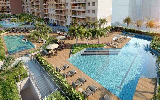 Piscina entre as palmeiras do Residencial Pixinguinha — Carinhoso, no Santo Cristo